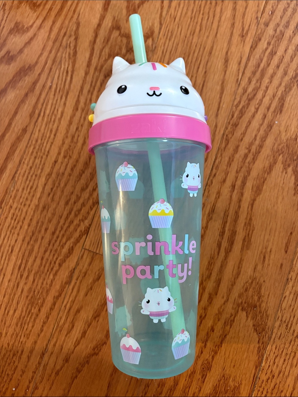 Cute Cat Sprinkle Party! Pink & Mint Kids Party Tumbler with Straw
